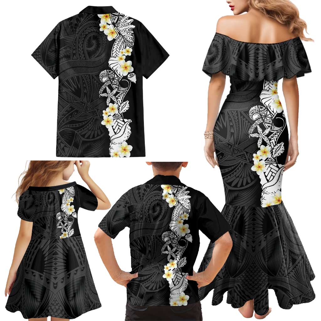 Black Samoa Tattoo Family Matching Mermaid Dress and Hawaiian Shirt Plumeria Samoan Ocean Tatau Pattern LT14 - Polynesian Pride