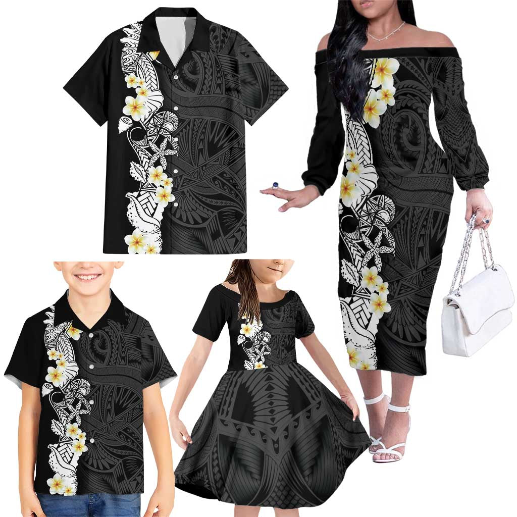Black Samoa Tattoo Family Matching Off The Shoulder Long Sleeve Dress and Hawaiian Shirt Plumeria Samoan Ocean Tatau Pattern - Polynesian Pride