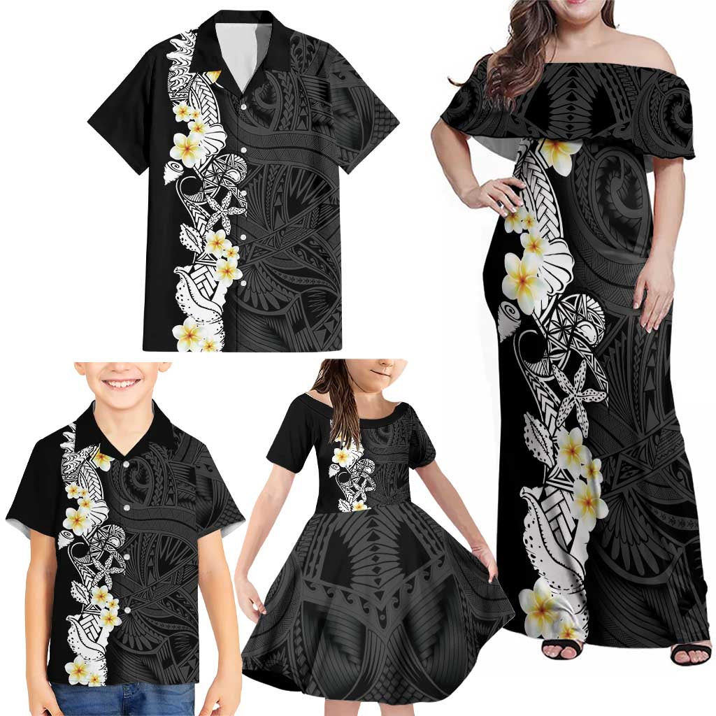 Black Samoa Tattoo Family Matching Off Shoulder Maxi Dress and Hawaiian Shirt Plumeria Samoan Ocean Tatau Pattern LT14 - Polynesian Pride