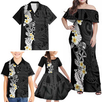 Black Samoa Tattoo Family Matching Off Shoulder Maxi Dress and Hawaiian Shirt Plumeria Samoan Ocean Tatau Pattern LT14 - Polynesian Pride