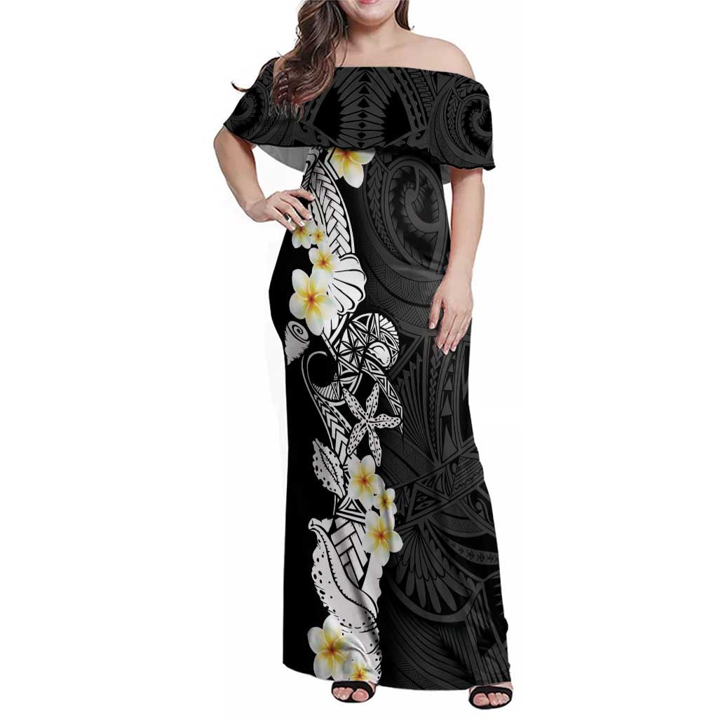 Black Samoa Tattoo Family Matching Off Shoulder Maxi Dress and Hawaiian Shirt Plumeria Samoan Ocean Tatau Pattern LT14 Mom's Dress Black - Polynesian Pride