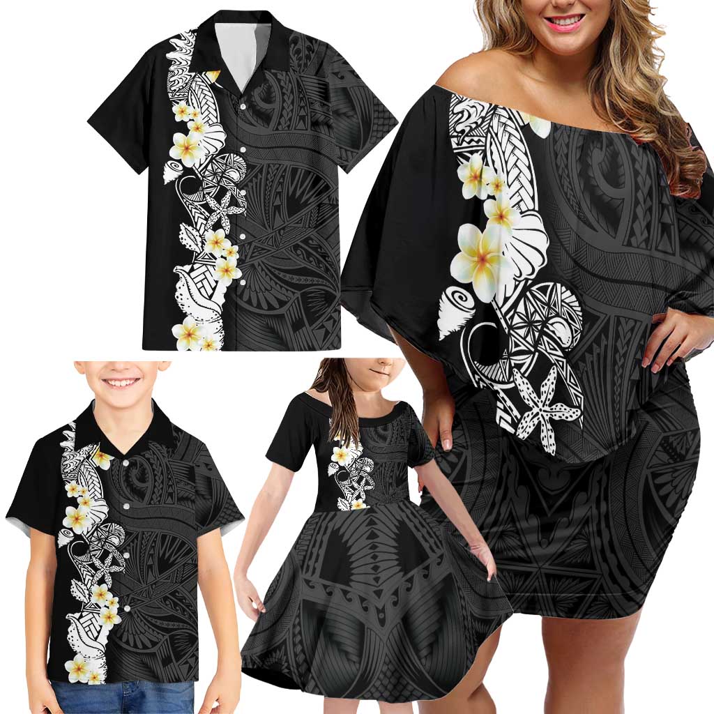 Black Samoa Tattoo Family Matching Off Shoulder Short Dress and Hawaiian Shirt Plumeria Samoan Ocean Tatau Pattern LT14 - Polynesian Pride