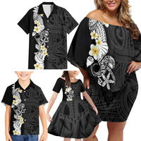 Black Samoa Tattoo Family Matching Off Shoulder Short Dress and Hawaiian Shirt Plumeria Samoan Ocean Tatau Pattern LT14 - Polynesian Pride