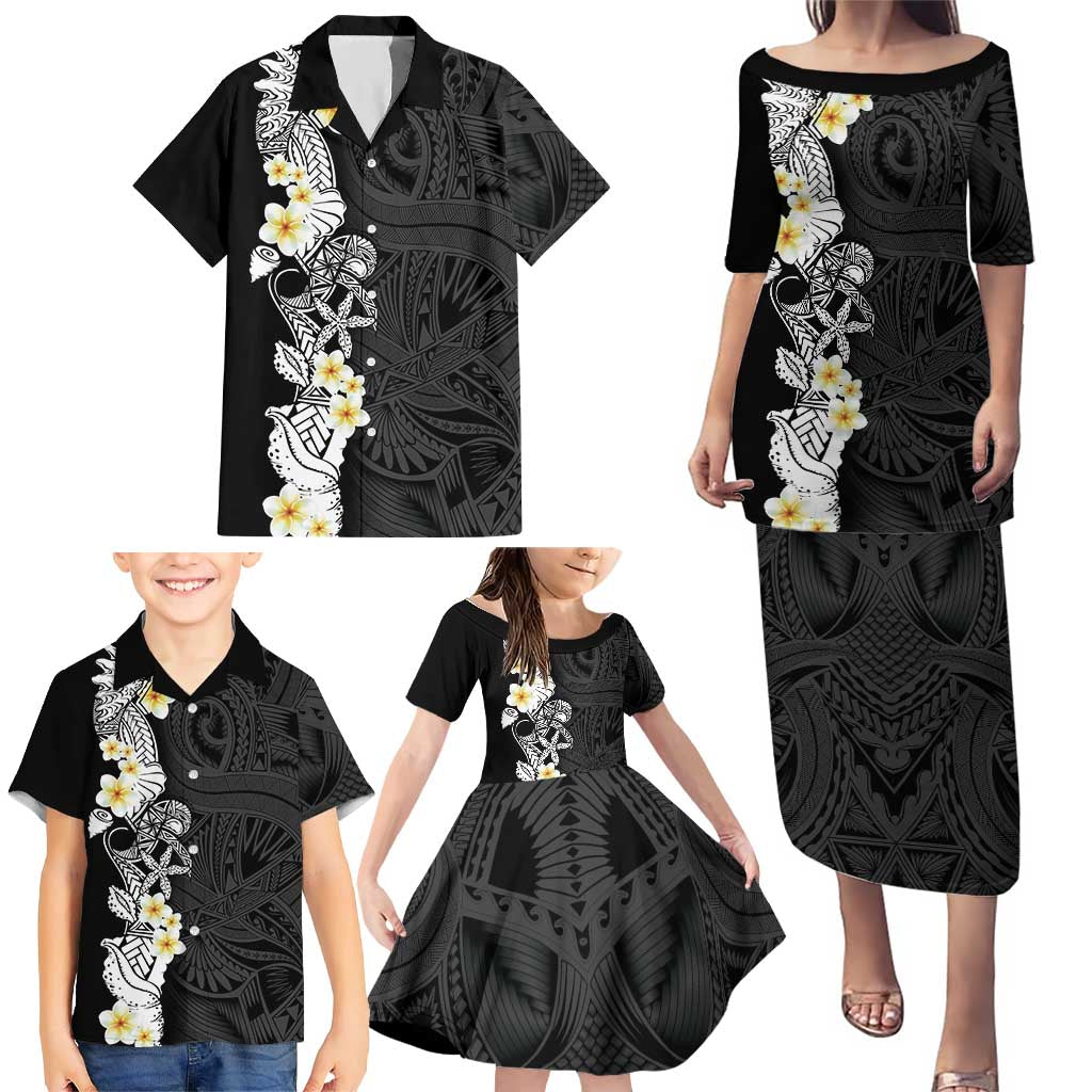 Black Samoa Tattoo Family Matching Puletasi and Hawaiian Shirt Plumeria Samoan Ocean Tatau Pattern LT14 - Polynesian Pride