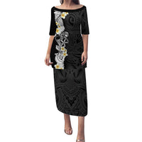 Black Samoa Tattoo Family Matching Puletasi and Hawaiian Shirt Plumeria Samoan Ocean Tatau Pattern LT14 Mom's Dress Black - Polynesian Pride