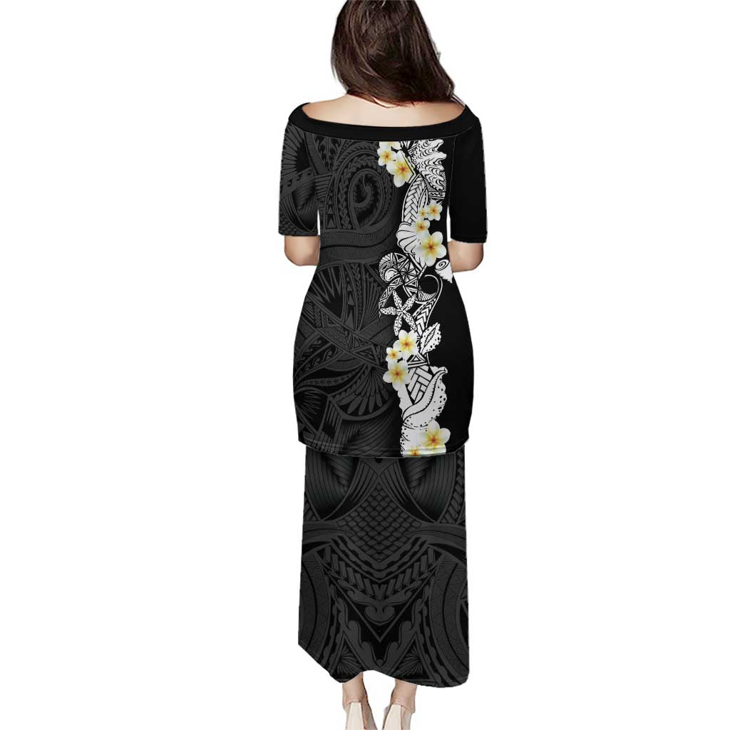 Black Samoa Tattoo Family Matching Puletasi and Hawaiian Shirt Plumeria Samoan Ocean Tatau Pattern LT14 - Polynesian Pride