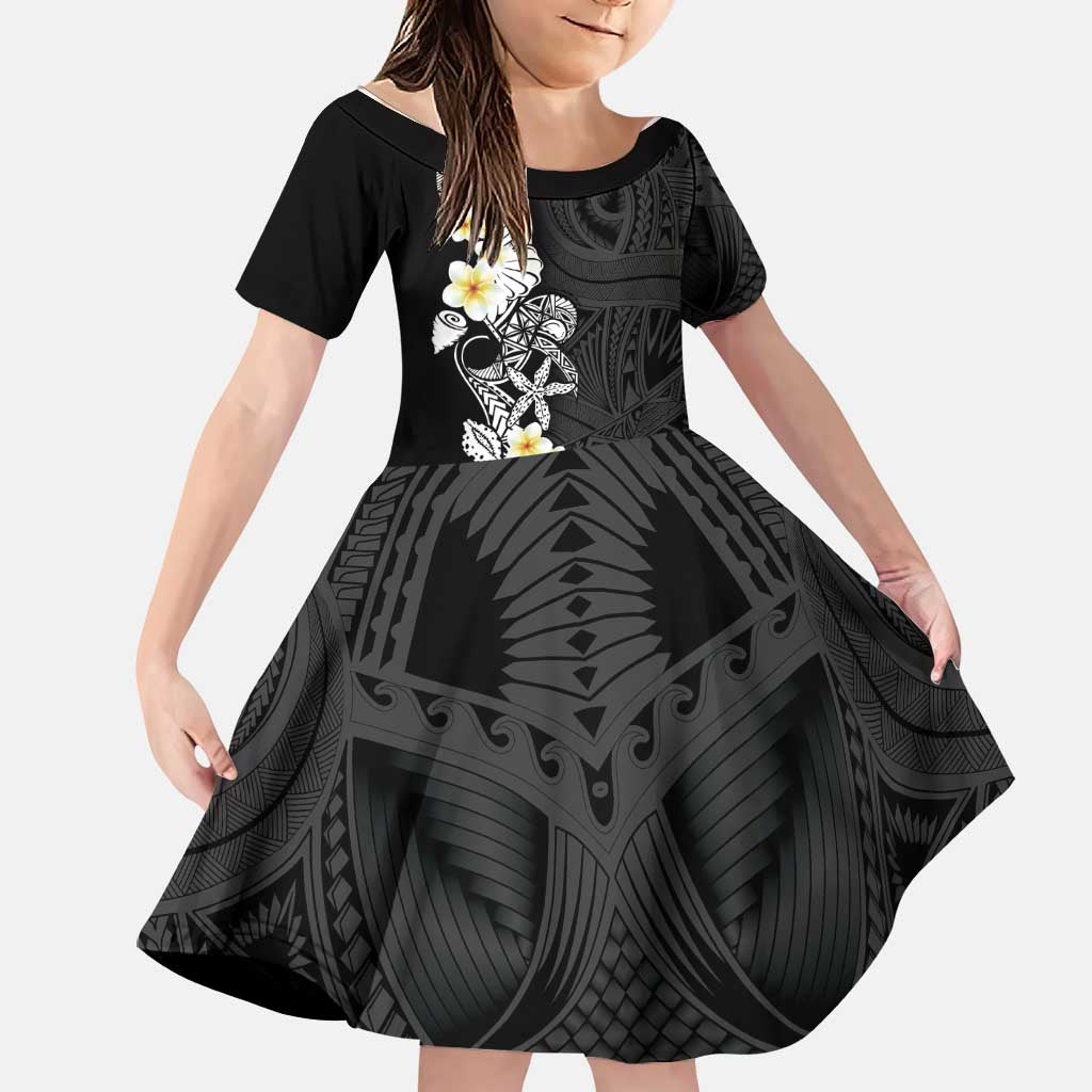 Black Samoa Tattoo Family Matching Summer Maxi Dress and Hawaiian Shirt Plumeria Samoan Ocean Tatau Pattern LT14 Daughter's Dress Black - Polynesian Pride