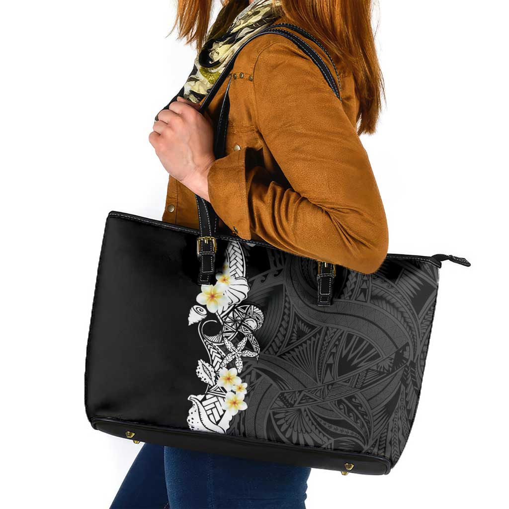Black Samoa Tattoo Leather Tote Bag Plumeria Samoan Ocean Tatau Pattern LT14 Black - Polynesian Pride