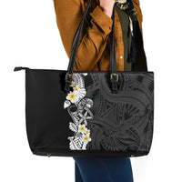 Black Samoa Tattoo Leather Tote Bag Plumeria Samoan Ocean Tatau Pattern LT14 - Polynesian Pride