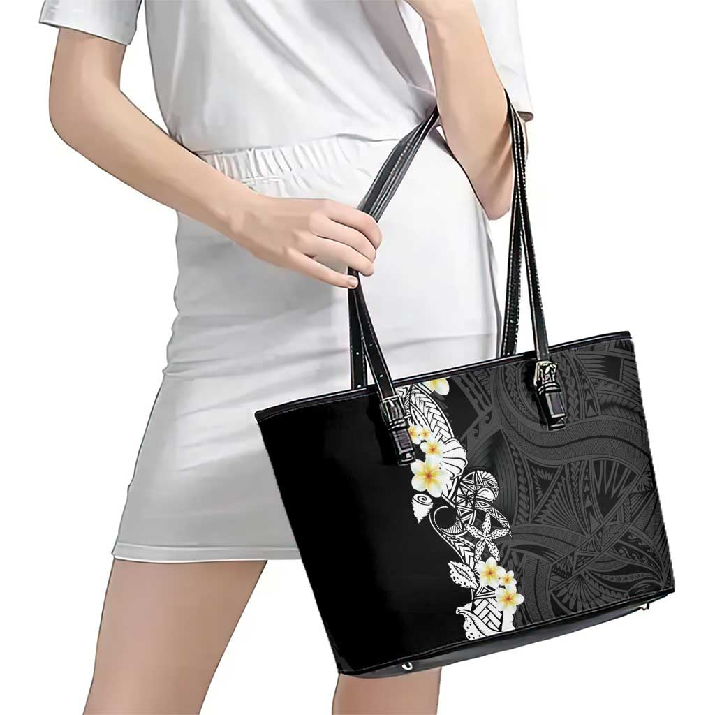 Black Samoa Tattoo Leather Tote Bag Plumeria Samoan Ocean Tatau Pattern LT14 - Polynesian Pride