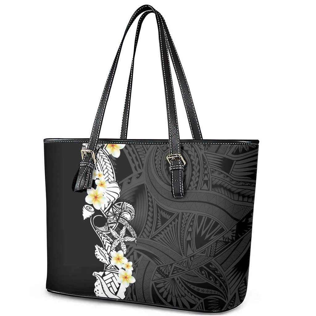 Black Samoa Tattoo Leather Tote Bag Plumeria Samoan Ocean Tatau Pattern LT14 - Polynesian Pride