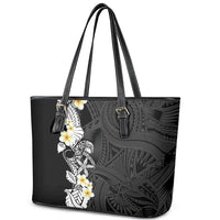 Black Samoa Tattoo Leather Tote Bag Plumeria Samoan Ocean Tatau Pattern LT14 - Polynesian Pride
