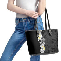 Black Samoa Tattoo Leather Tote Bag Plumeria Samoan Ocean Tatau Pattern LT14 - Polynesian Pride