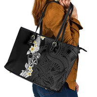 Black Samoa Tattoo Leather Tote Bag Plumeria Samoan Ocean Tatau Pattern LT14 - Polynesian Pride