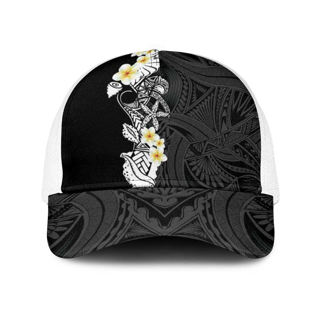 Black Samoa Tattoo Mesh Trucker Cap Plumeria Samoan Ocean Tatau Pattern - Polynesian Pride
