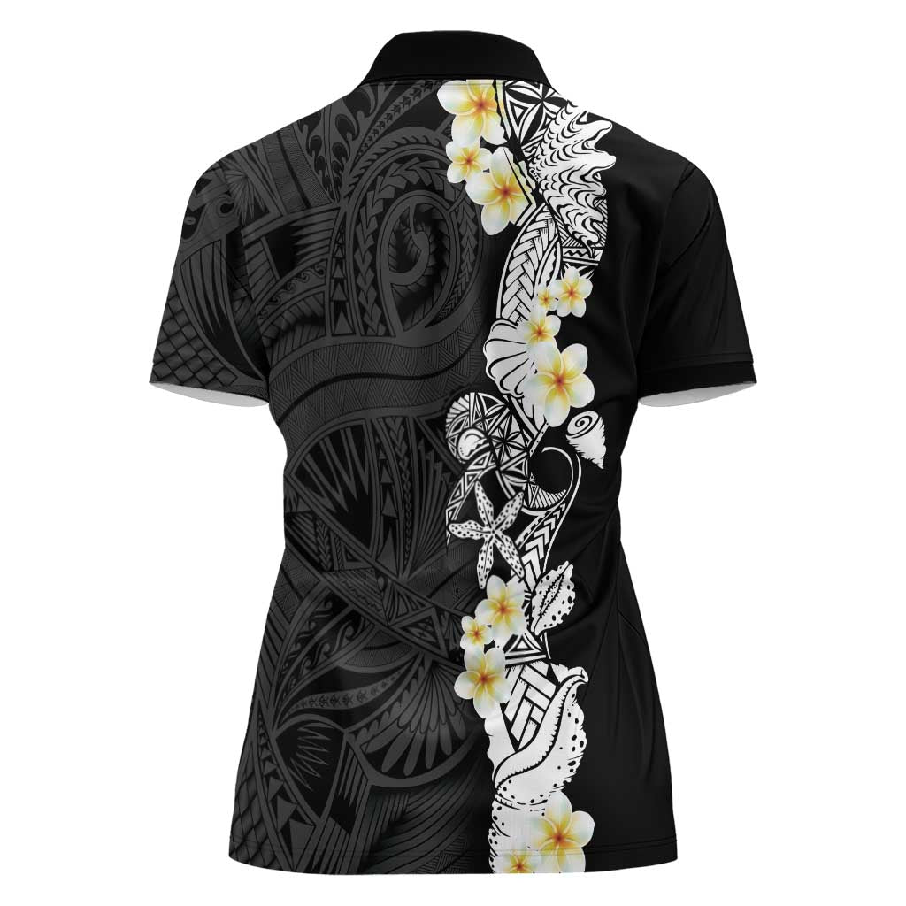 Black Samoa Tattoo Women Polo Shirt Plumeria Samoan Ocean Tatau Pattern LT14 - Polynesian Pride