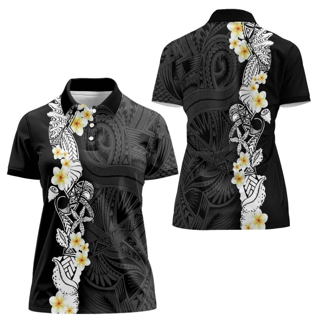 Black Samoa Tattoo Women Polo Shirt Plumeria Samoan Ocean Tatau Pattern LT14 - Polynesian Pride