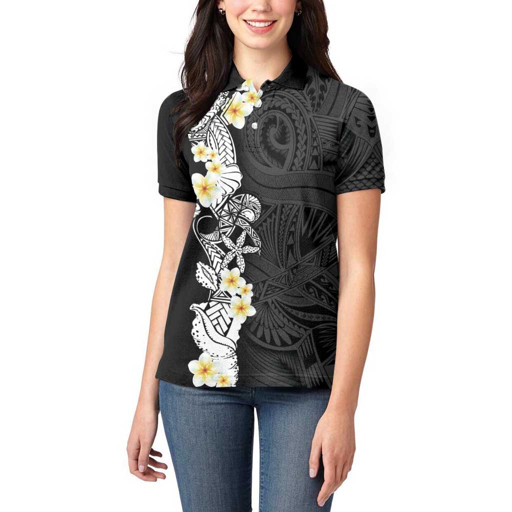 Black Samoa Tattoo Women Polo Shirt Plumeria Samoan Ocean Tatau Pattern LT14 - Polynesian Pride