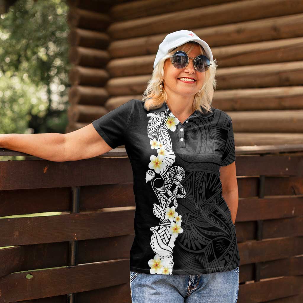 Black Samoa Tattoo Women Polo Shirt Plumeria Samoan Ocean Tatau Pattern LT14 - Polynesian Pride