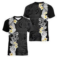 Black Samoa Tattoo Women V-Neck T-Shirt Plumeria Samoan Ocean Tatau Pattern - Polynesian Pride