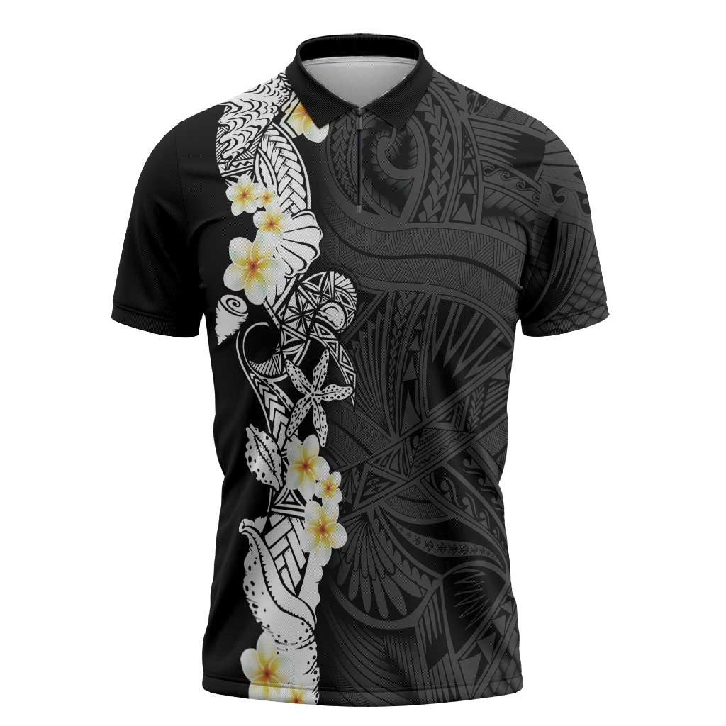 Black Samoa Tattoo Zipper Polo Shirt Plumeria Samoan Ocean Tatau Pattern - Polynesian Pride
