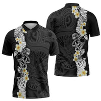 Black Samoa Tattoo Zipper Polo Shirt Plumeria Samoan Ocean Tatau Pattern - Polynesian Pride