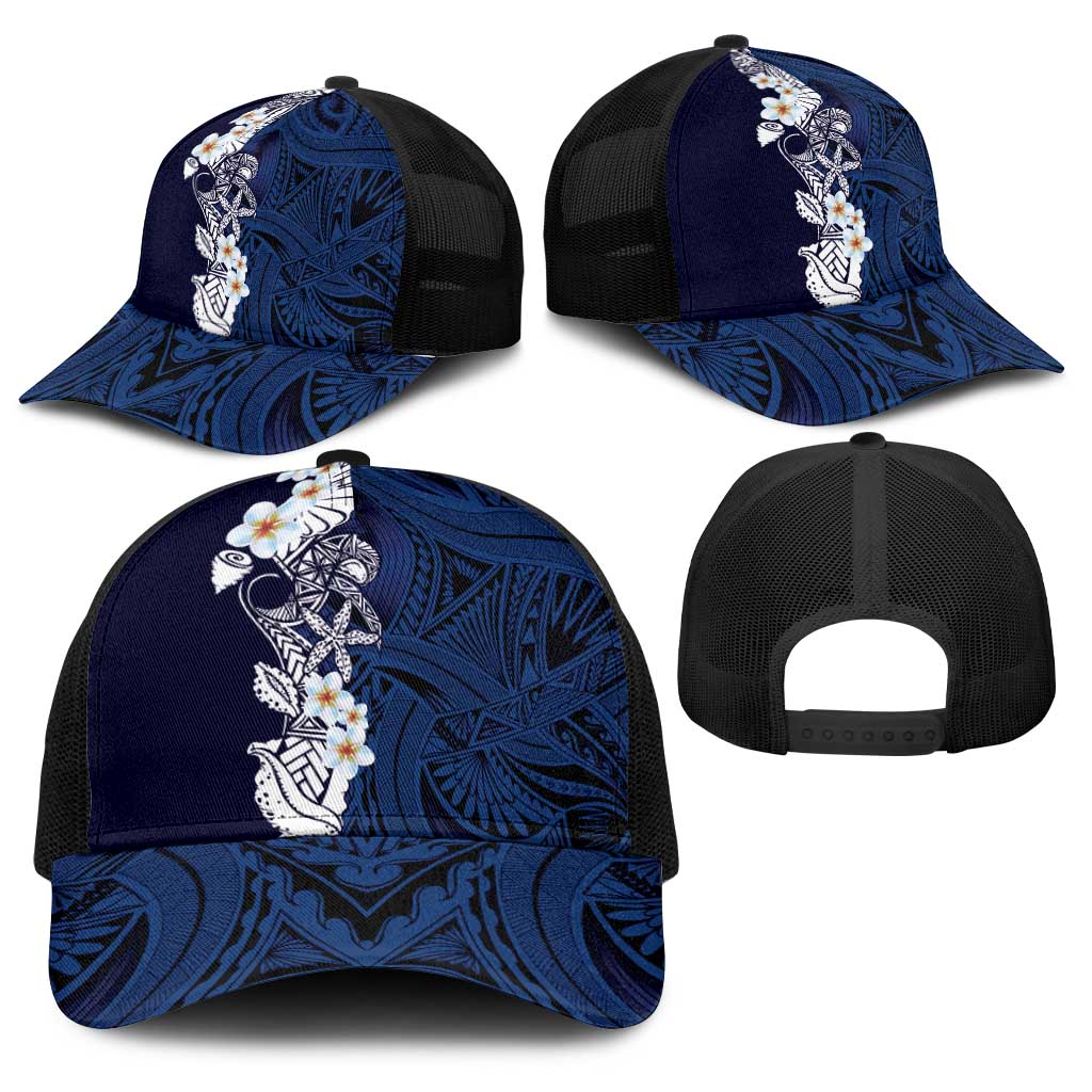 Blue Samoa Tattoo Baseball Net Cap Plumeria Samoan Ocean Tatau Pattern - Polynesian Pride
