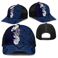 Blue Samoa Tattoo Baseball Net Cap Plumeria Samoan Ocean Tatau Pattern - Polynesian Pride