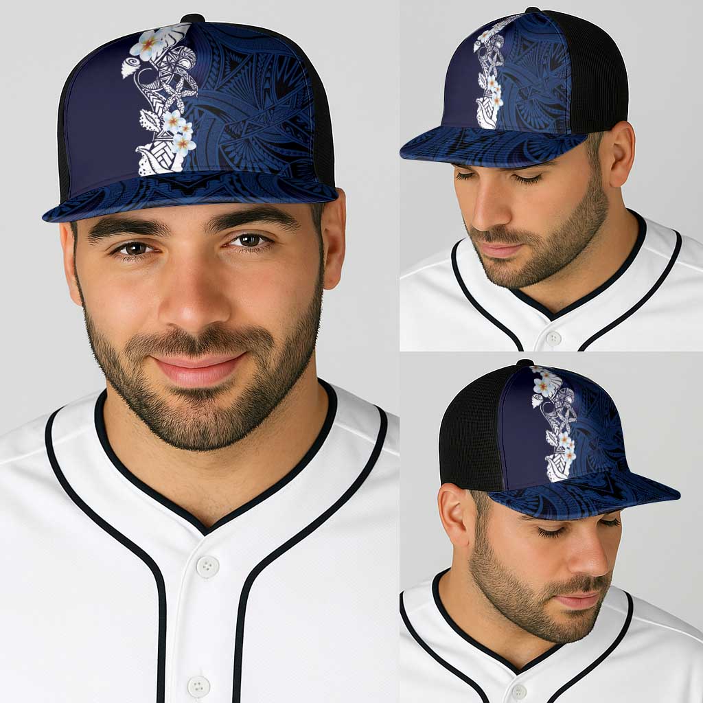 Blue Samoa Tattoo Baseball Net Cap Plumeria Samoan Ocean Tatau Pattern - Polynesian Pride