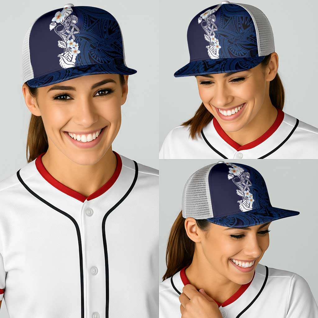 Blue Samoa Tattoo Baseball Net Cap Plumeria Samoan Ocean Tatau Pattern - Polynesian Pride