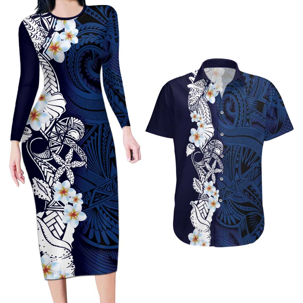 Blue Samoa Tattoo Couples Matching Long Sleeve Bodycon Dress and Hawaiian Shirt Plumeria Samoan Ocean Tatau Pattern LT14 Blue - Polynesian Pride