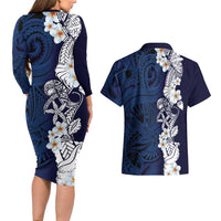 Blue Samoa Tattoo Couples Matching Long Sleeve Bodycon Dress and Hawaiian Shirt Plumeria Samoan Ocean Tatau Pattern LT14 - Polynesian Pride