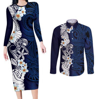 Blue Samoa Tattoo Couples Matching Long Sleeve Bodycon Dress and Long Sleeve Button Shirt Plumeria Samoan Ocean Tatau Pattern LT14 Blue - Polynesian Pride