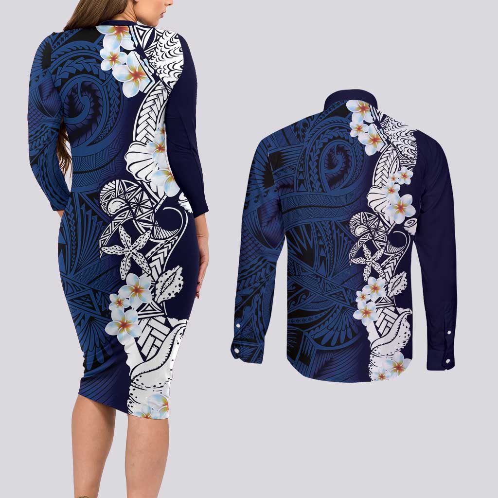 Blue Samoa Tattoo Couples Matching Long Sleeve Bodycon Dress and Long Sleeve Button Shirt Plumeria Samoan Ocean Tatau Pattern LT14 - Polynesian Pride