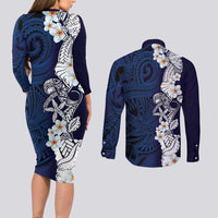 Blue Samoa Tattoo Couples Matching Long Sleeve Bodycon Dress and Long Sleeve Button Shirt Plumeria Samoan Ocean Tatau Pattern LT14 - Polynesian Pride