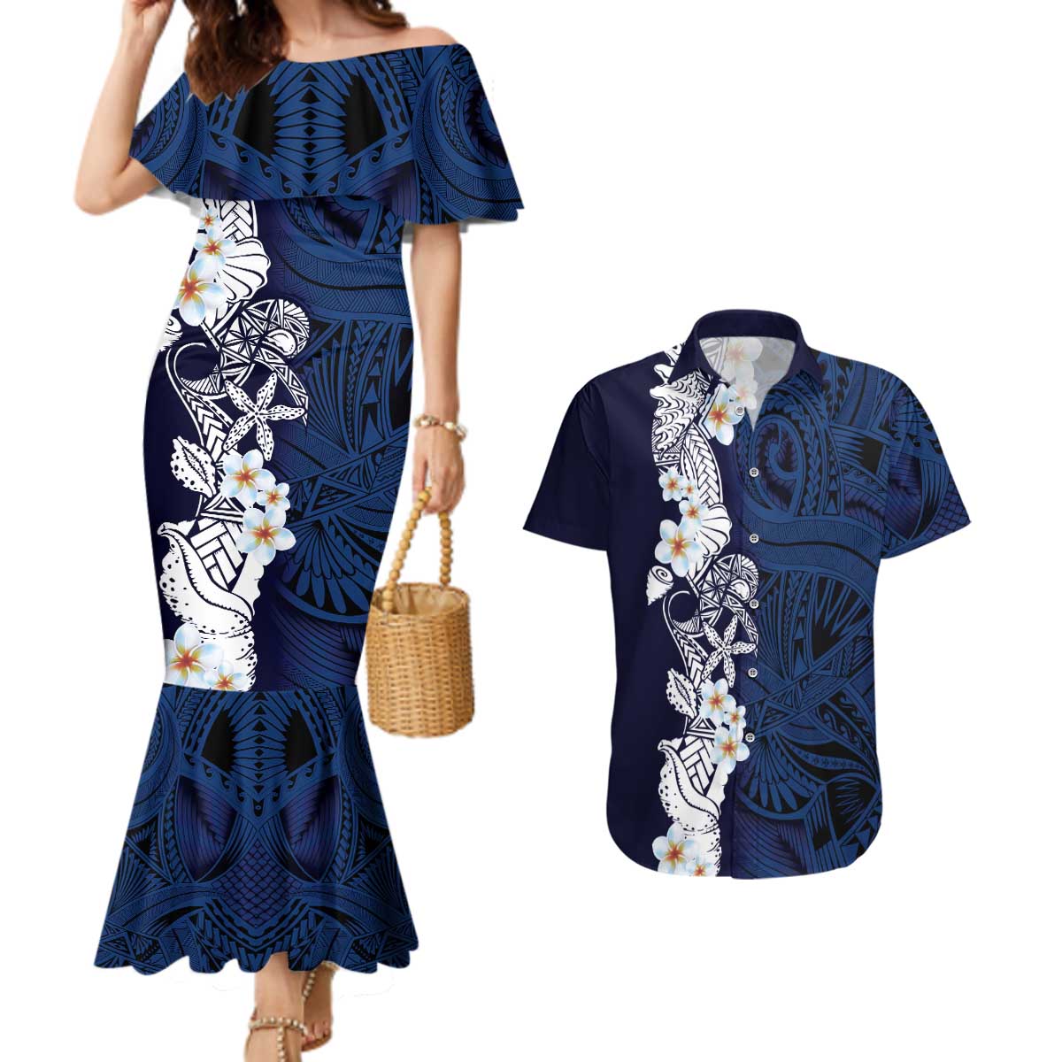 Blue Samoa Tattoo Couples Matching Mermaid Dress and Hawaiian Shirt Plumeria Samoan Ocean Tatau Pattern LT14 Blue - Polynesian Pride