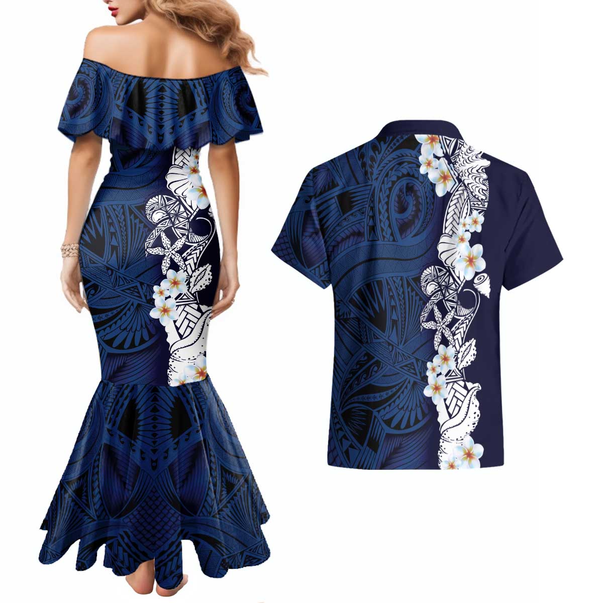 Blue Samoa Tattoo Couples Matching Mermaid Dress and Hawaiian Shirt Plumeria Samoan Ocean Tatau Pattern LT14 - Polynesian Pride