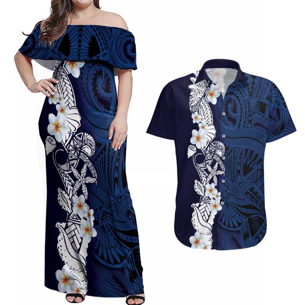 Blue Samoa Tattoo Couples Matching Off Shoulder Maxi Dress and Hawaiian Shirt Plumeria Samoan Ocean Tatau Pattern - Polynesian Pride