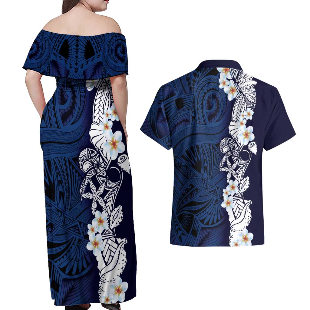 Blue Samoa Tattoo Couples Matching Off Shoulder Maxi Dress and Hawaiian Shirt Plumeria Samoan Ocean Tatau Pattern LT14 - Polynesian Pride