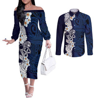 Blue Samoa Tattoo Couples Matching Off The Shoulder Long Sleeve Dress and Long Sleeve Button Shirt Plumeria Samoan Ocean Tatau Pattern LT14 Blue - Polynesian Pride