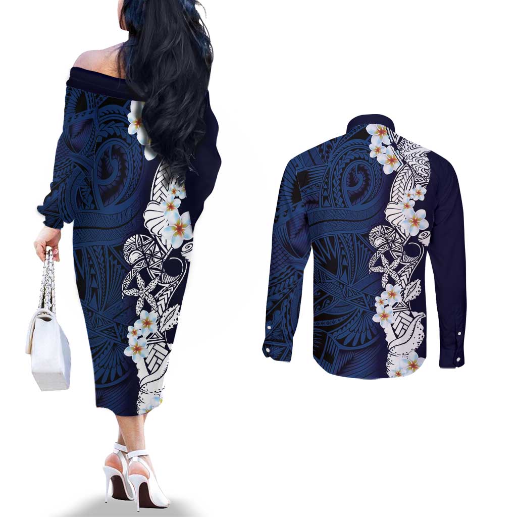 Blue Samoa Tattoo Couples Matching Off The Shoulder Long Sleeve Dress and Long Sleeve Button Shirt Plumeria Samoan Ocean Tatau Pattern LT14 - Polynesian Pride