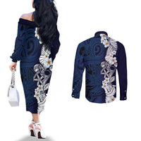 Blue Samoa Tattoo Couples Matching Off The Shoulder Long Sleeve Dress and Long Sleeve Button Shirt Plumeria Samoan Ocean Tatau Pattern LT14 - Polynesian Pride