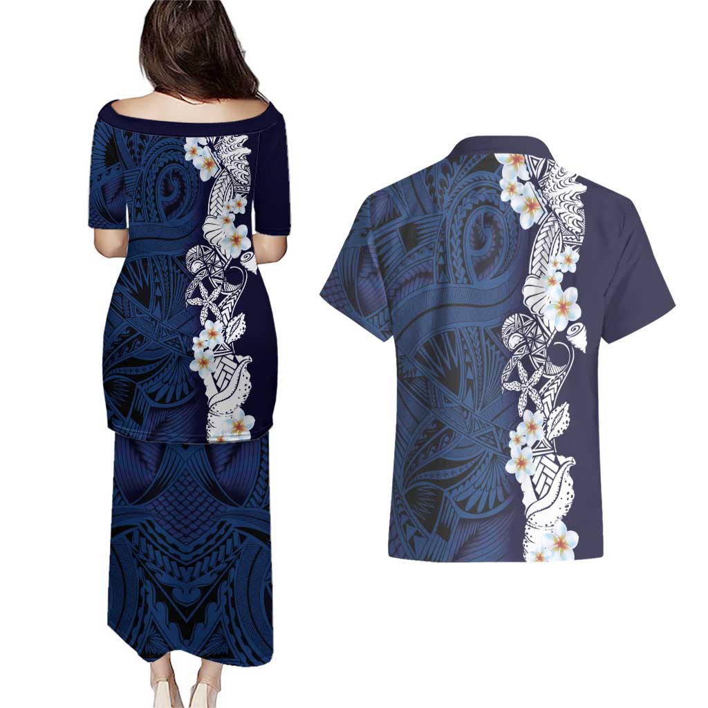 Blue Samoa Tattoo Couples Matching Puletasi and Hawaiian Shirt Plumeria Samoan Ocean Tatau Pattern - Polynesian Pride