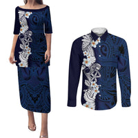 Blue Samoa Tattoo Couples Matching Puletasi and Long Sleeve Button Shirt Plumeria Samoan Ocean Tatau Pattern LT14 Blue - Polynesian Pride