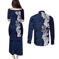 Blue Samoa Tattoo Couples Matching Puletasi and Long Sleeve Button Shirt Plumeria Samoan Ocean Tatau Pattern LT14 - Polynesian Pride