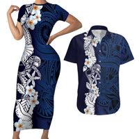 Blue Samoa Tattoo Couples Matching Short Sleeve Bodycon Dress and Hawaiian Shirt Plumeria Samoan Ocean Tatau Pattern LT14 Blue - Polynesian Pride