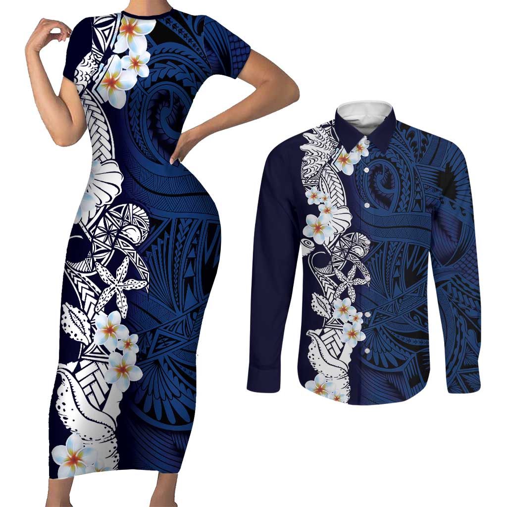 Blue Samoa Tattoo Couples Matching Short Sleeve Bodycon Dress and Long Sleeve Button Shirt Plumeria Samoan Ocean Tatau Pattern LT14 Blue - Polynesian Pride