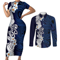 Blue Samoa Tattoo Couples Matching Short Sleeve Bodycon Dress and Long Sleeve Button Shirt Plumeria Samoan Ocean Tatau Pattern LT14 Blue - Polynesian Pride