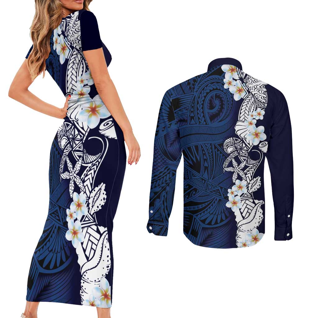Blue Samoa Tattoo Couples Matching Short Sleeve Bodycon Dress and Long Sleeve Button Shirt Plumeria Samoan Ocean Tatau Pattern LT14 - Polynesian Pride