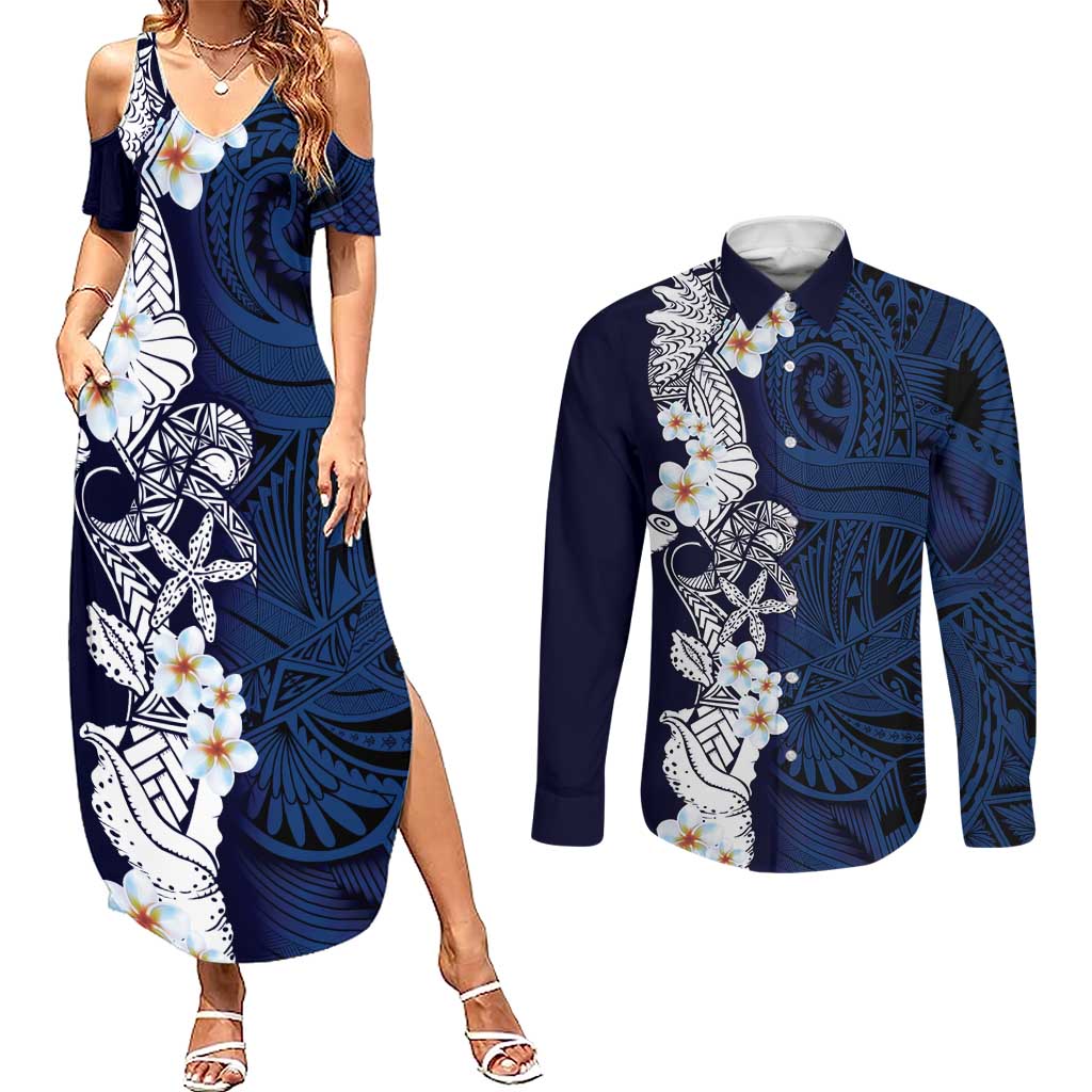 Blue Samoa Tattoo Couples Matching Summer Maxi Dress and Long Sleeve Button Shirt Plumeria Samoan Ocean Tatau Pattern - Polynesian Pride